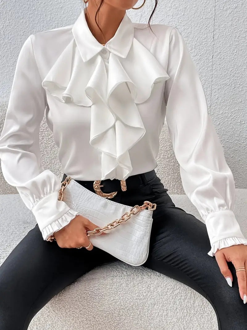 Women's Long Sleeve Top | Ruffle Front, Pointed Collar