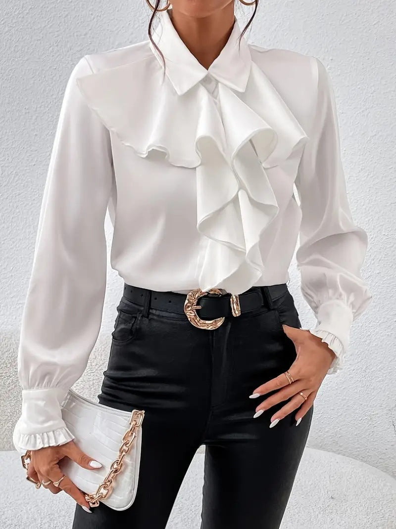 Women's Long Sleeve Top | Ruffle Front, Pointed Collar