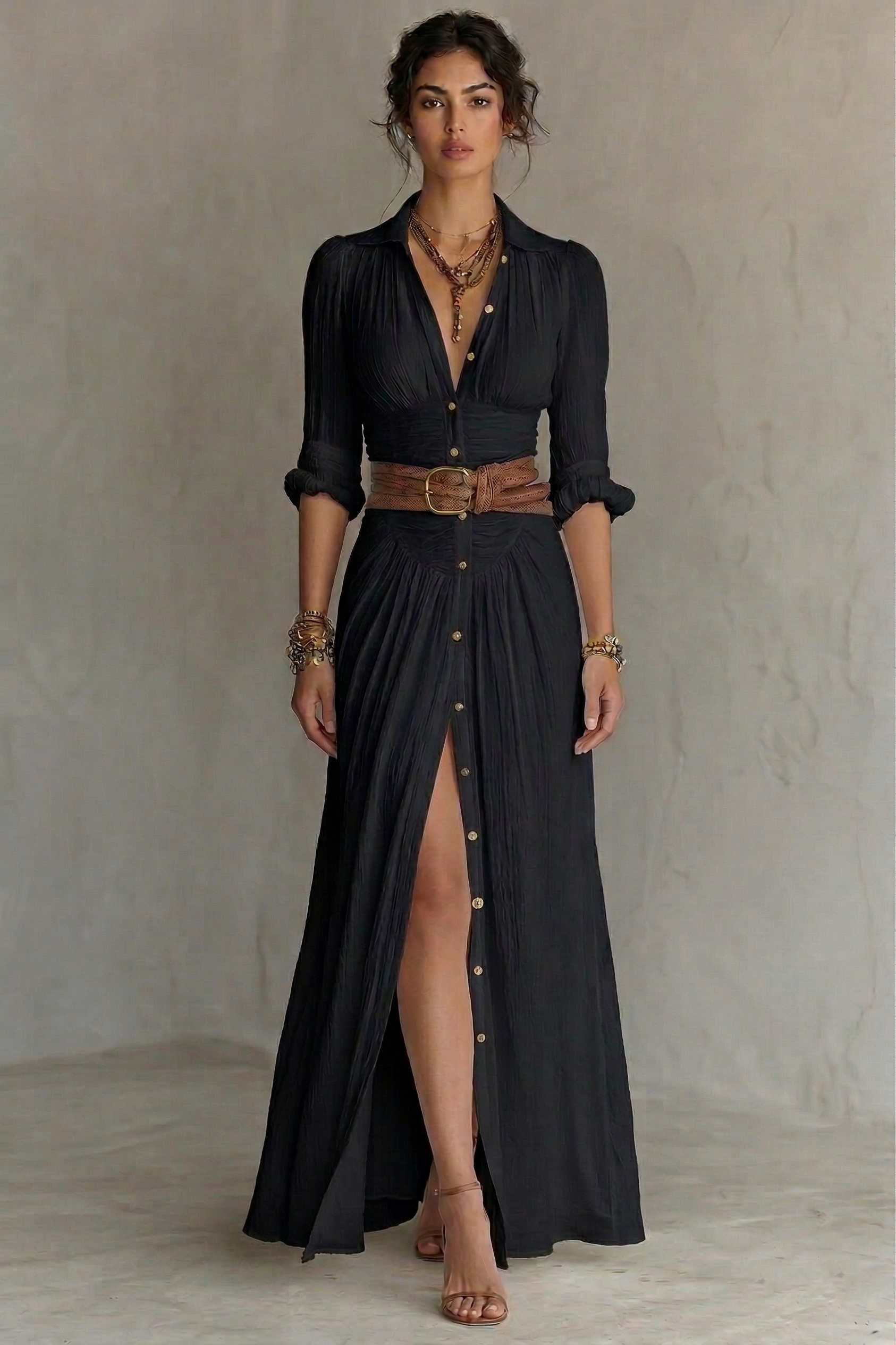 Women's Maxi Dress | Belted V-Neck Pleated & Front Slit