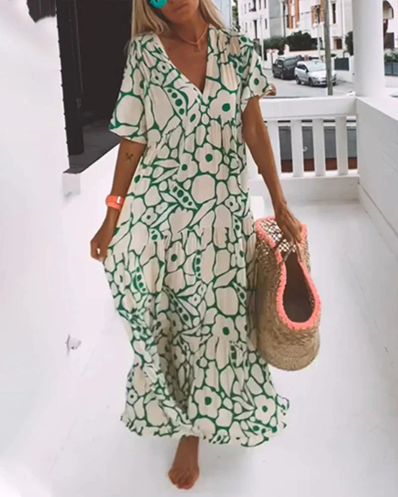 Women's Maxi Dress | Bold Floral Print Tiered V Neck Sundress