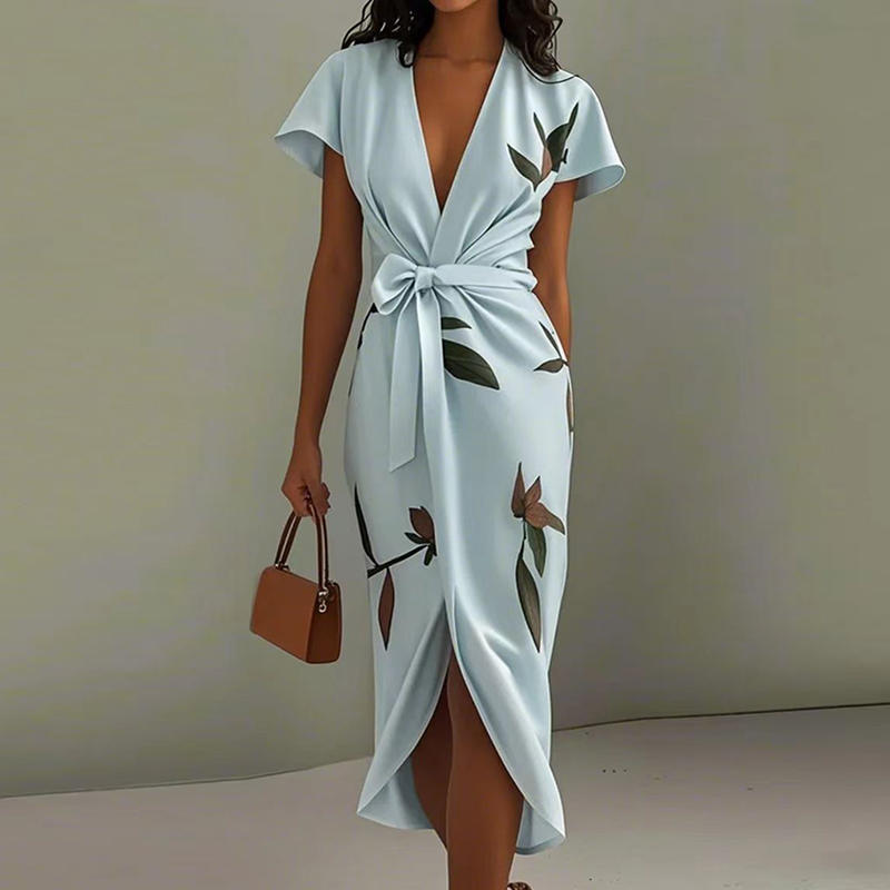 Women's Maxi Dress | Botanical Print Wrap V-Neck & Bow Design