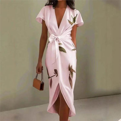 Women's Maxi Dress | Botanical Print Wrap V-Neck & Bow Design