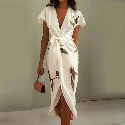 Women's Maxi Dress | Botanical Print Wrap V-Neck & Bow Design