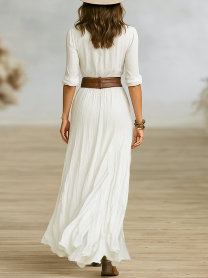Women's Maxi Dress | Collared Button-Through Style with Ruched Bodice and High Split