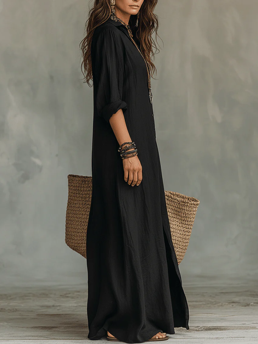 Women's Maxi Dress | Collared Placket, Front Split