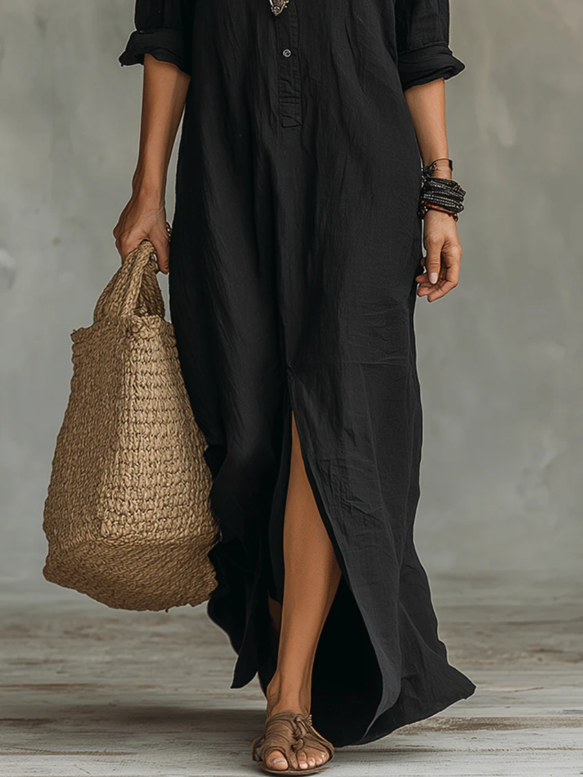 Women's Maxi Dress | Collared Placket, Front Split