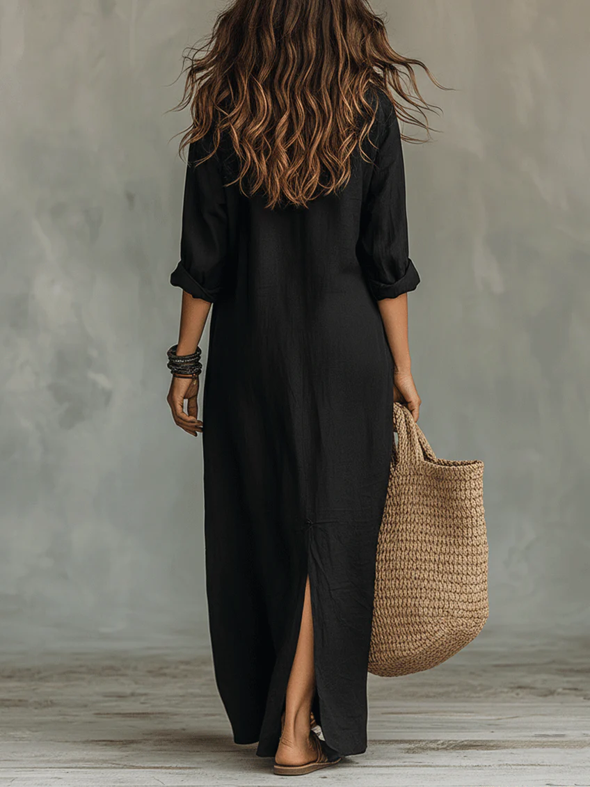 Women's Maxi Dress | Collared Placket, Front Split