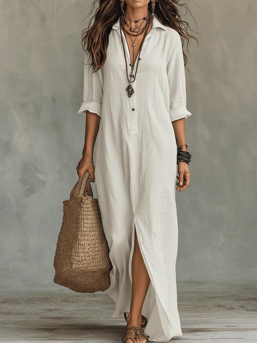 Women's Maxi Dress | Collared Placket, Front Split