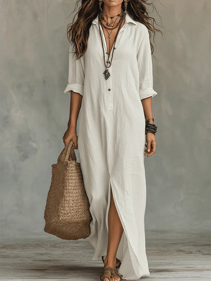 Women's Maxi Dress | Collared Placket, Front Split