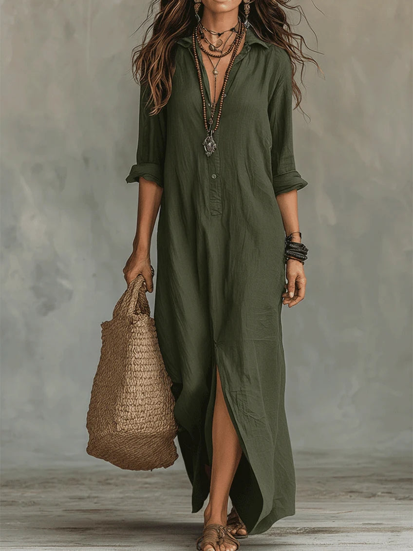 Women's Maxi Dress | Collared Placket, Front Split