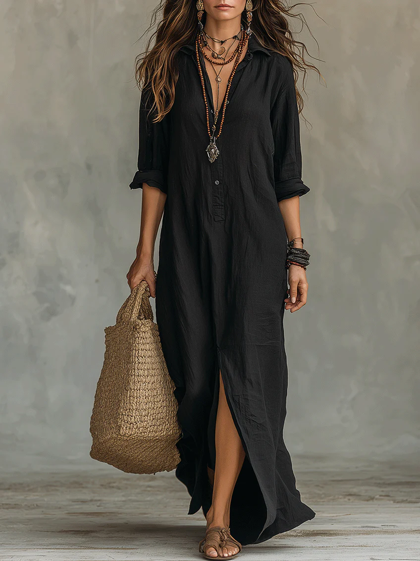 Women's Maxi Dress | Collared Placket, Front Split