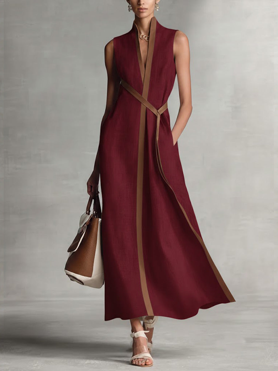 Women's Maxi Dress | Contrast Trim, Sleeveless Wrap