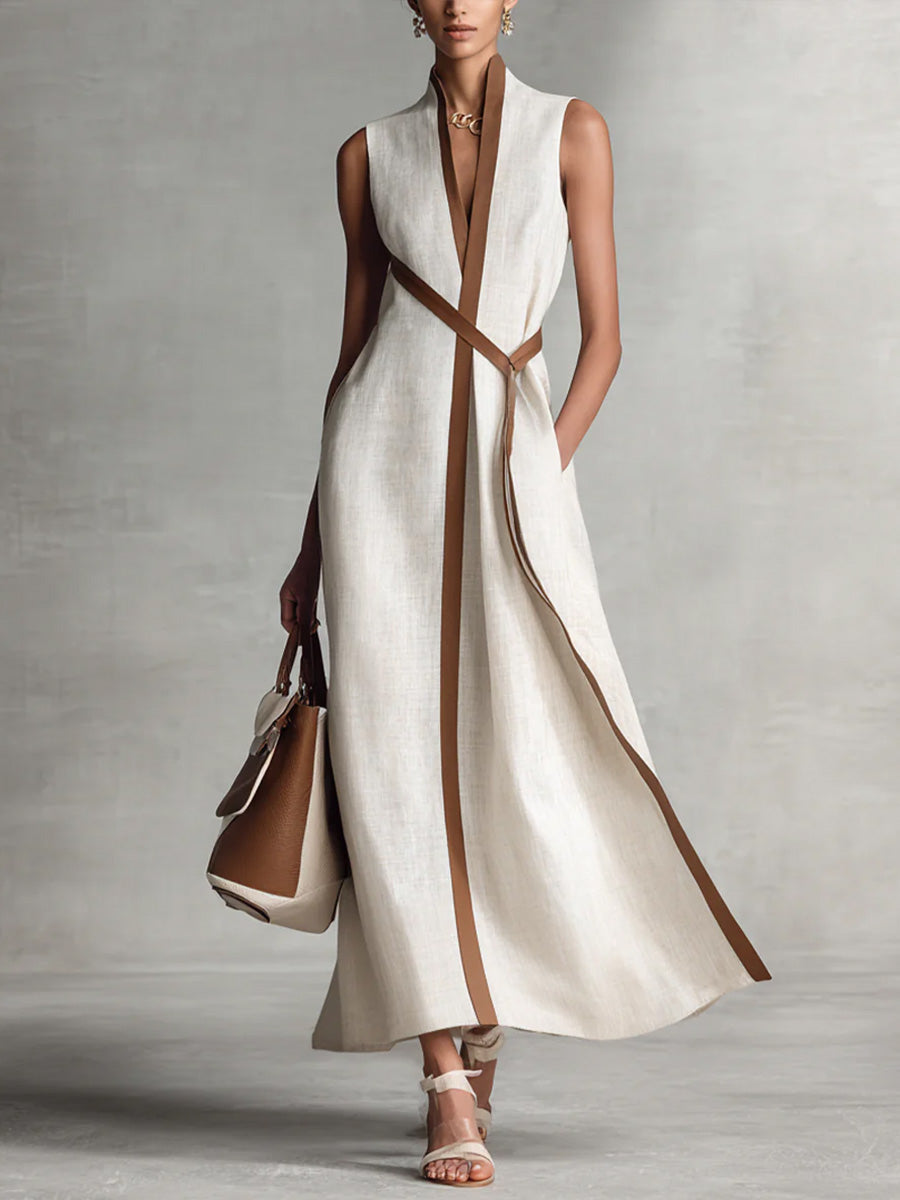 Women's Maxi Dress | Contrast Trim, Sleeveless Wrap