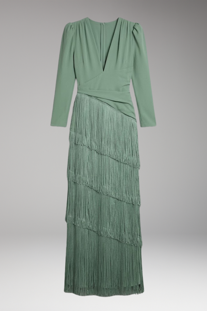 Women's Maxi Dress | Deep V With A Tiered Fringe Skirt
