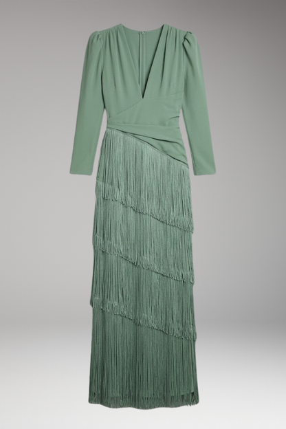 Women's Maxi Dress | Deep V With A Tiered Fringe Skirt