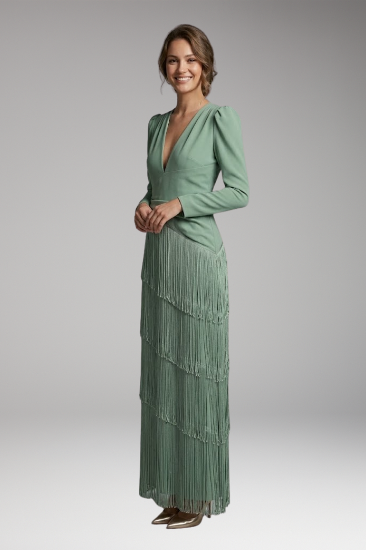 Women's Maxi Dress | Deep V With A Tiered Fringe Skirt