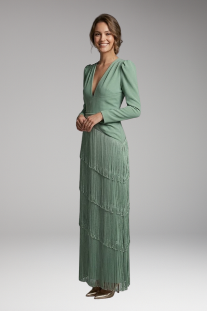 Women's Maxi Dress | Deep V With A Tiered Fringe Skirt