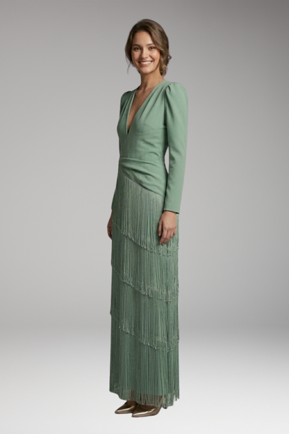 Women's Maxi Dress | Deep V With A Tiered Fringe Skirt