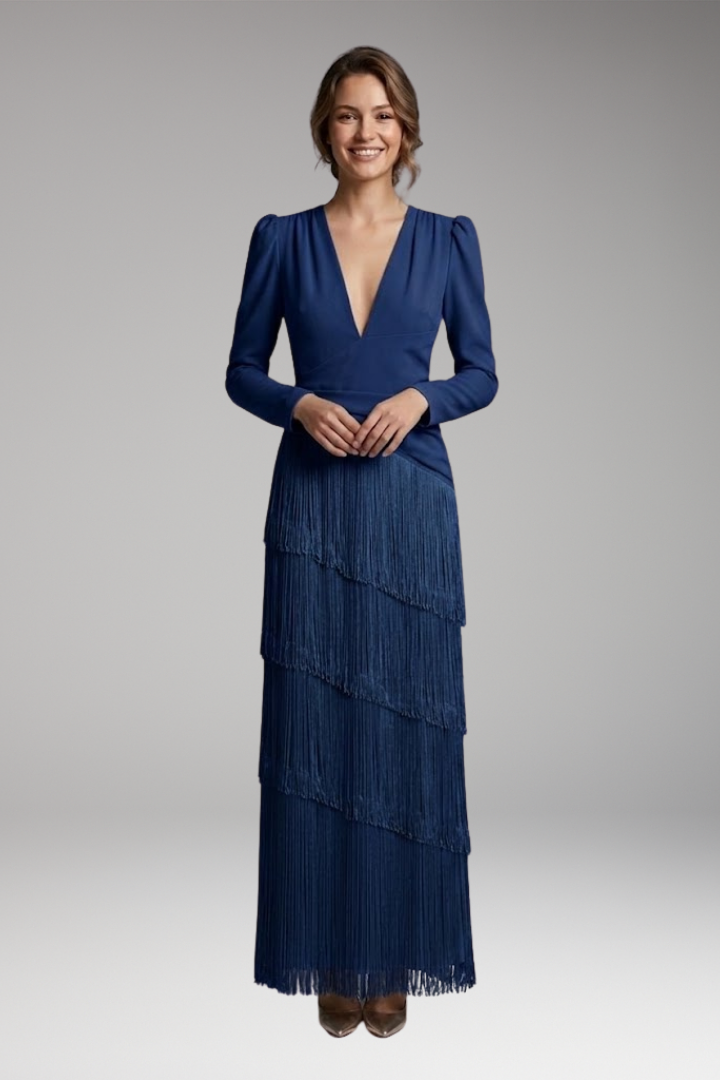Women's Maxi Dress | Deep V With A Tiered Fringe Skirt