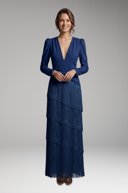 Women's Maxi Dress | Deep V With A Tiered Fringe Skirt