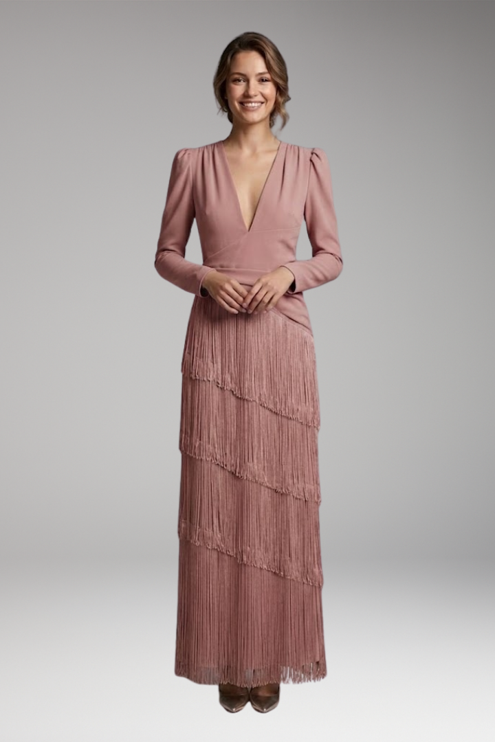 Women's Maxi Dress | Deep V With A Tiered Fringe Skirt
