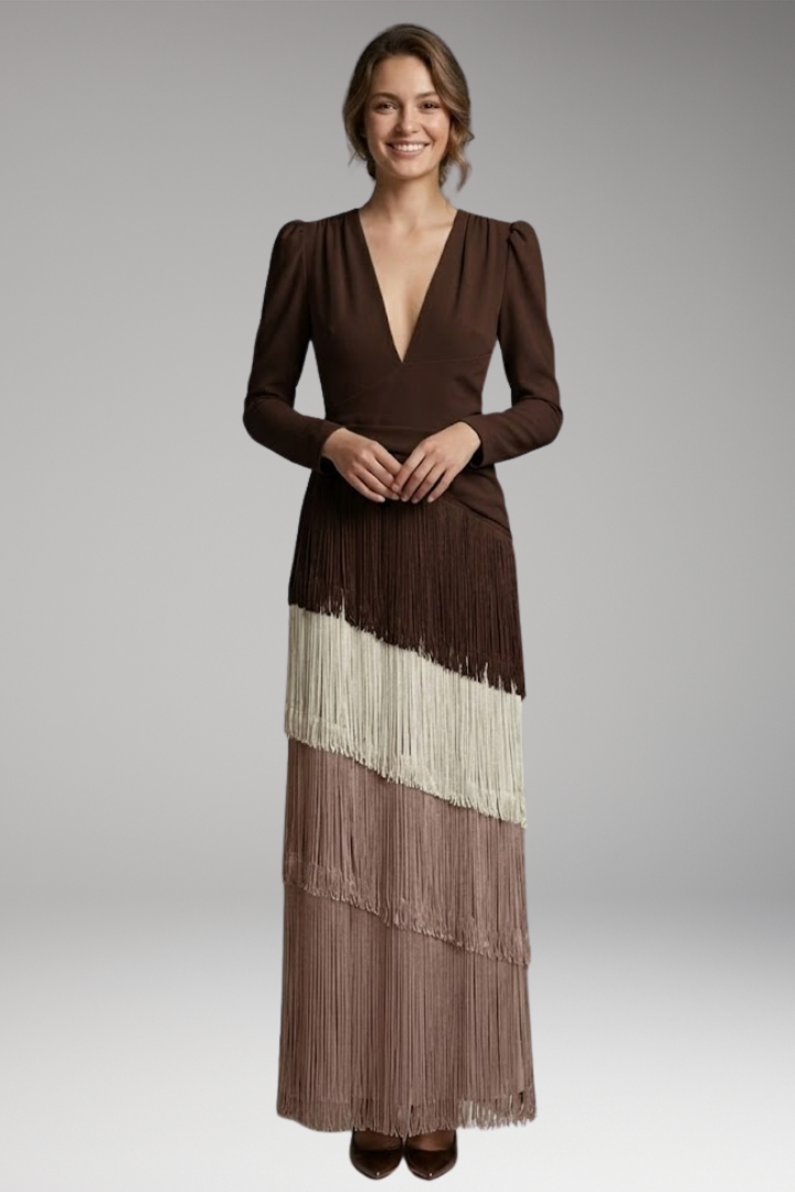 Women's Maxi Dress | Deep V With A Tiered Fringe Skirt