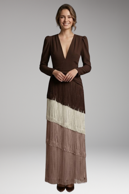 Women's Maxi Dress | Deep V With A Tiered Fringe Skirt