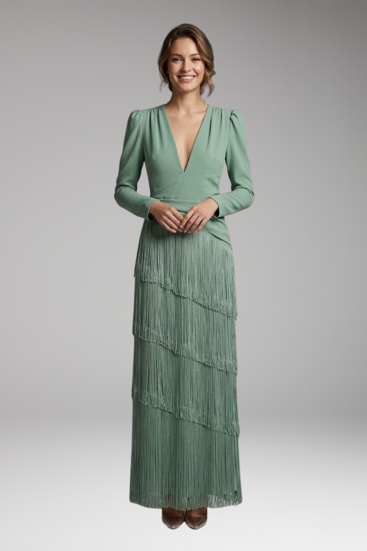 Women's Maxi Dress | Deep V With A Tiered Fringe Skirt