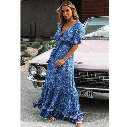 Women's Maxi Dress | Ditsy Print Wrap Front Ruffle Hem