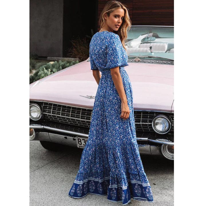 Women's Maxi Dress | Ditsy Print Wrap Front Ruffle Hem