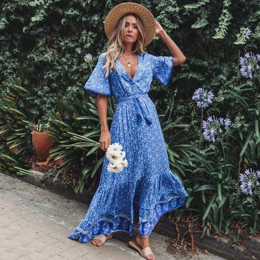 Women's Maxi Dress | Ditsy Print Wrap Front Ruffle Hem