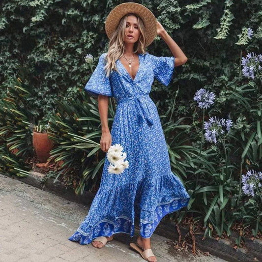 Women's Maxi Dress | Ditsy Print Wrap Front Ruffle Hem