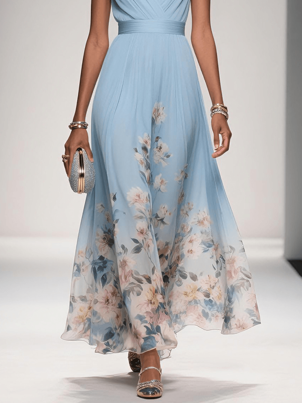 Women's Maxi Dress | Floral Border V-Neck Pleated Design
