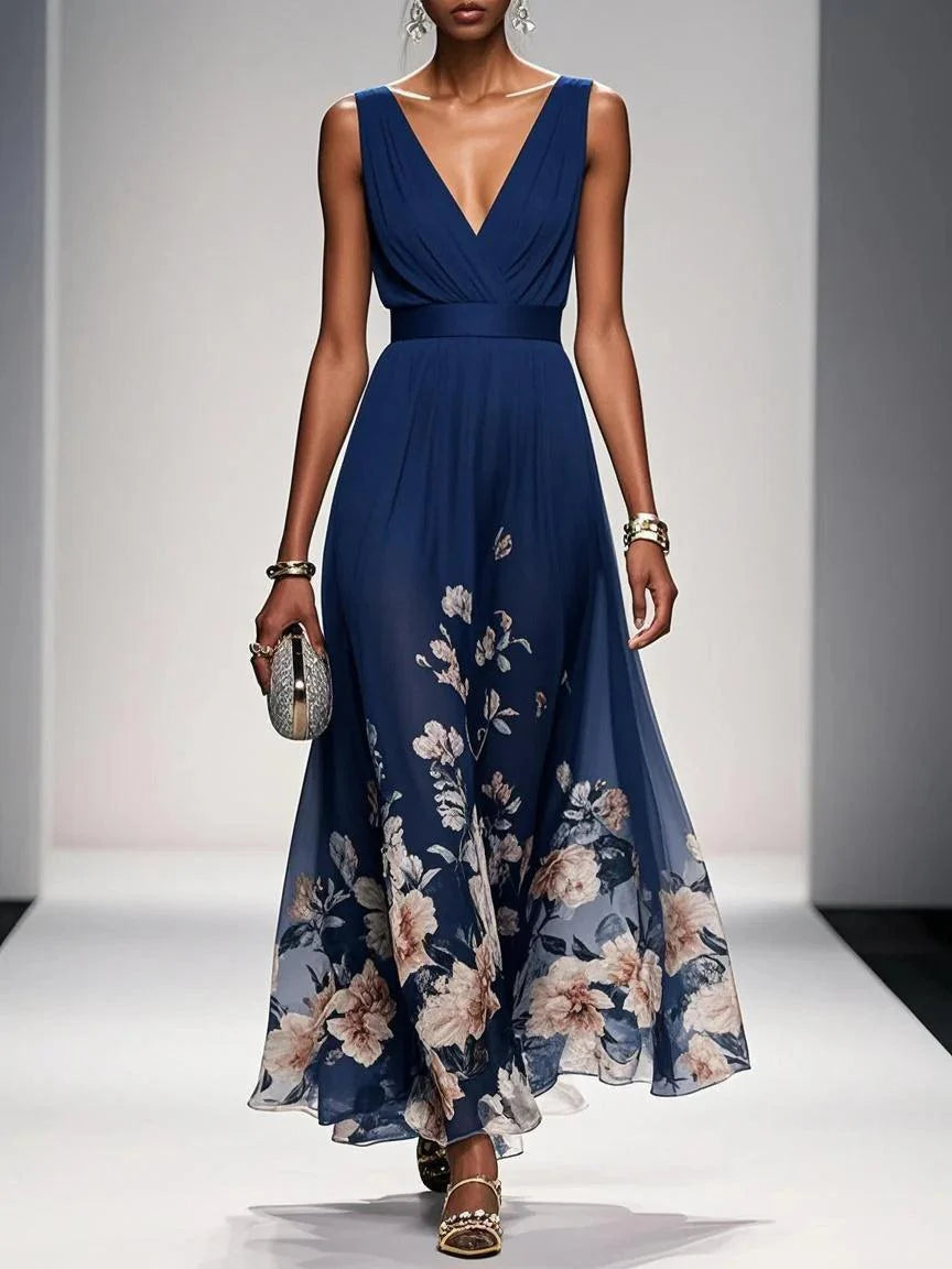 Women's Maxi Dress | Floral Border V-Neck Pleated Design