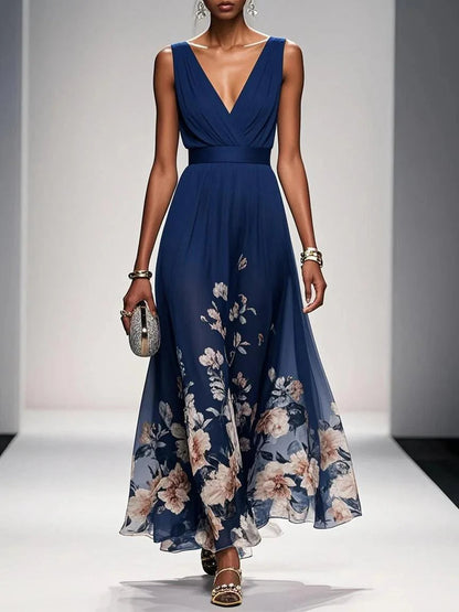 Women's Maxi Dress | Floral Border V-Neck Pleated Design