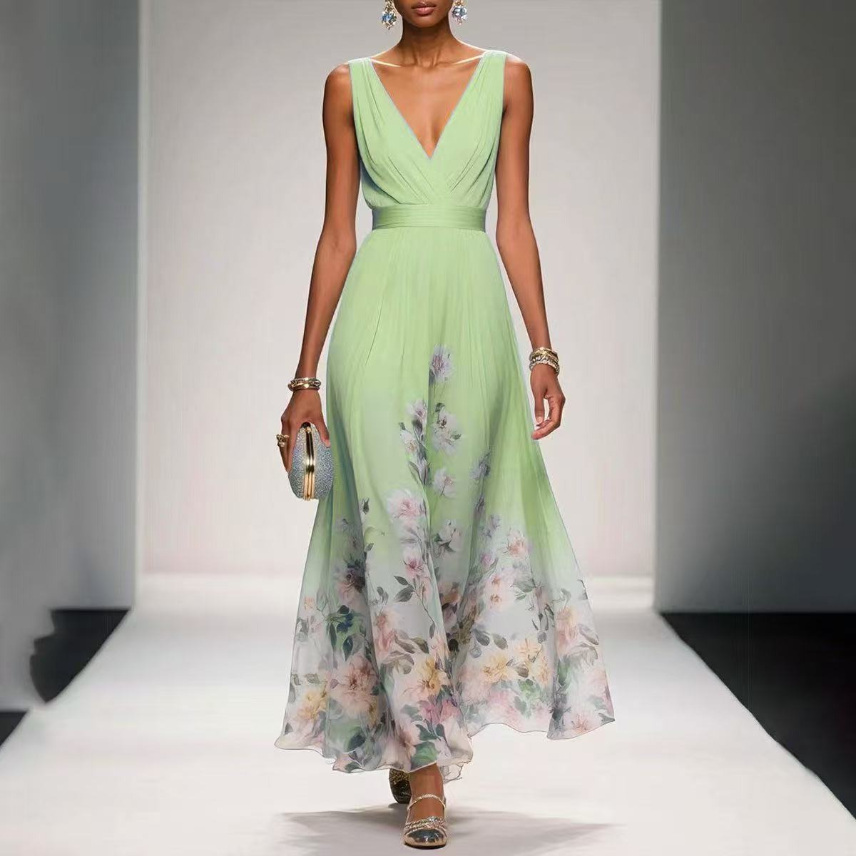 Women's Maxi Dress | Floral Border V-Neck Pleated Design