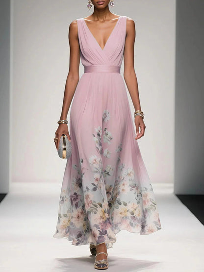Women's Maxi Dress | Floral Border V-Neck Pleated Design