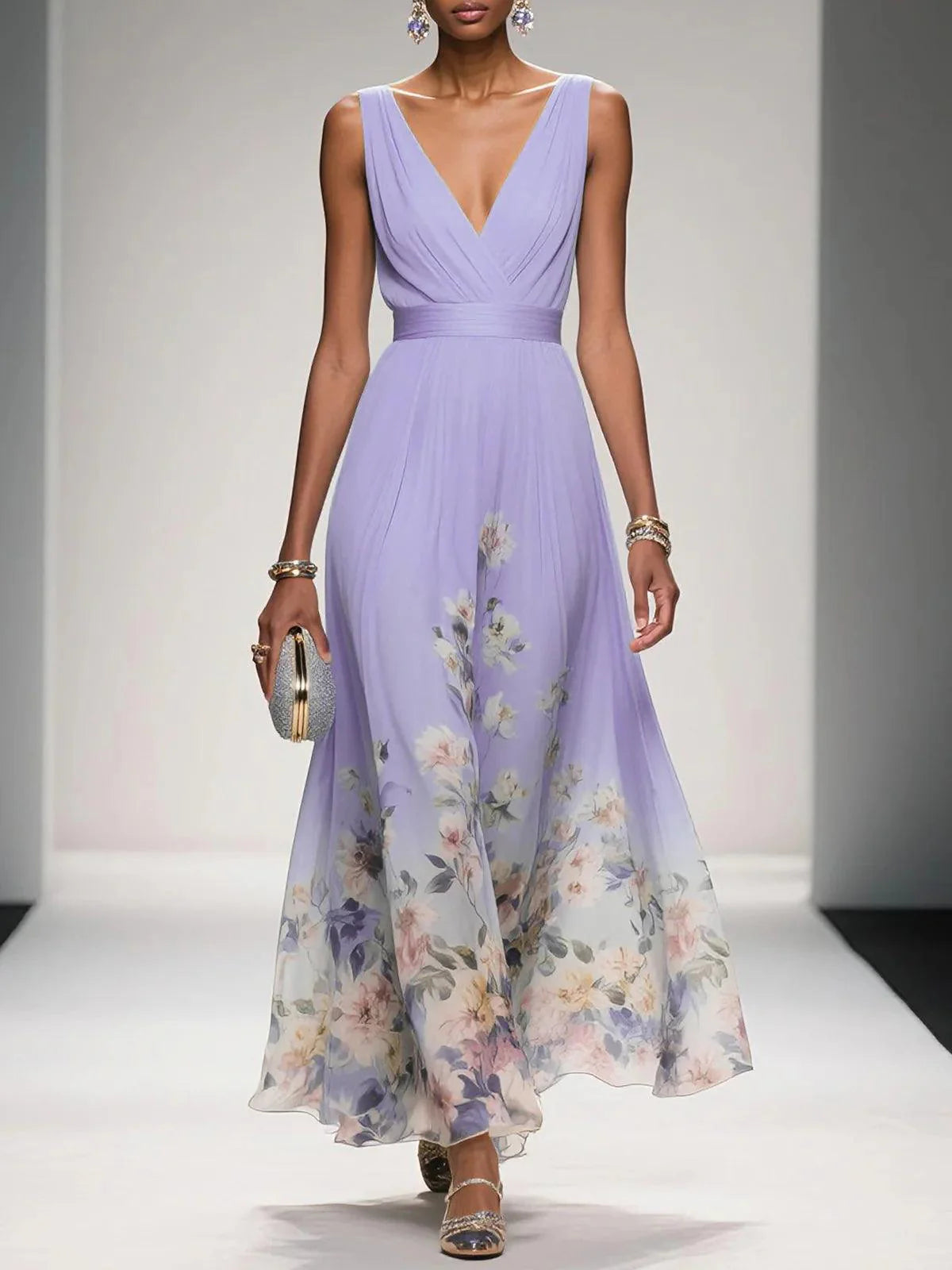Women's Maxi Dress | Floral Border V-Neck Pleated Design