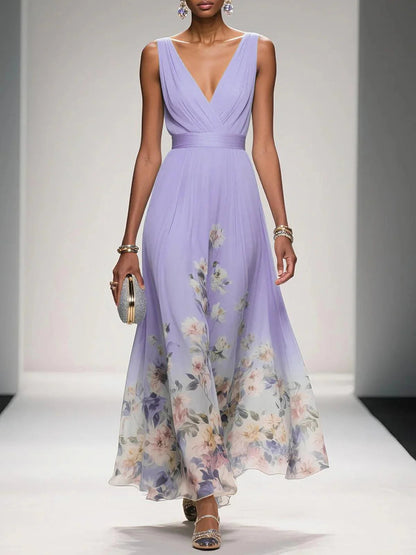 Women's Maxi Dress | Floral Border V-Neck Pleated Design