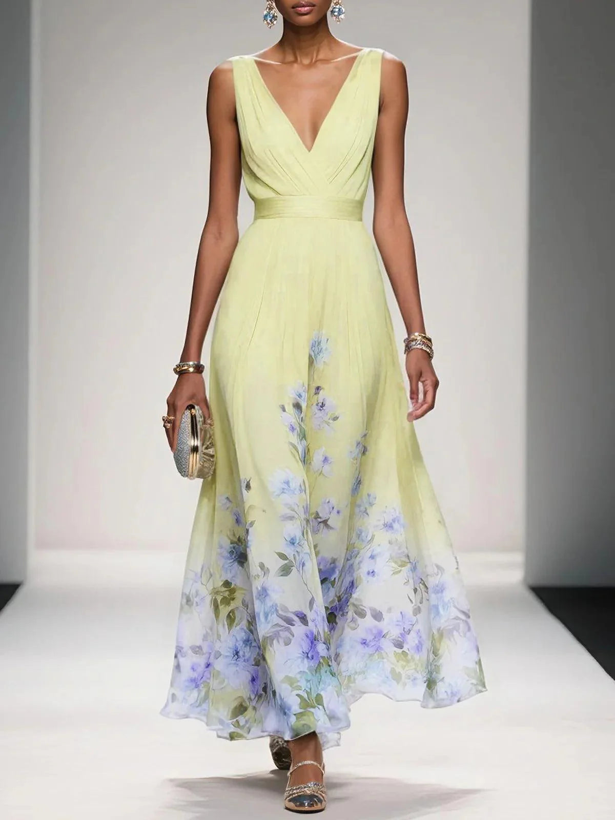 Women's Maxi Dress | Floral Border V-Neck Pleated Design
