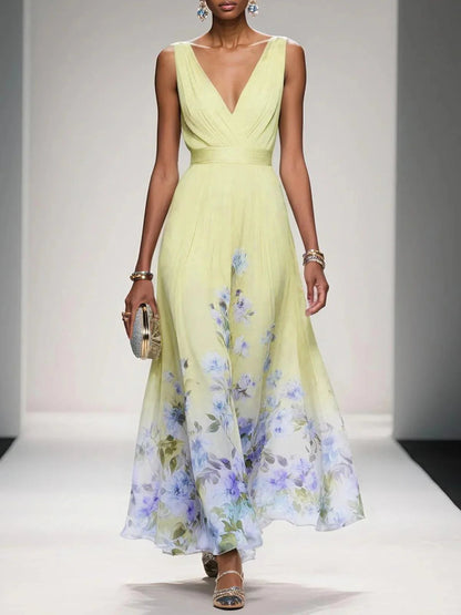 Women's Maxi Dress | Floral Border V-Neck Pleated Design