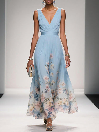 Women's Maxi Dress | Floral Border V-Neck Pleated Design