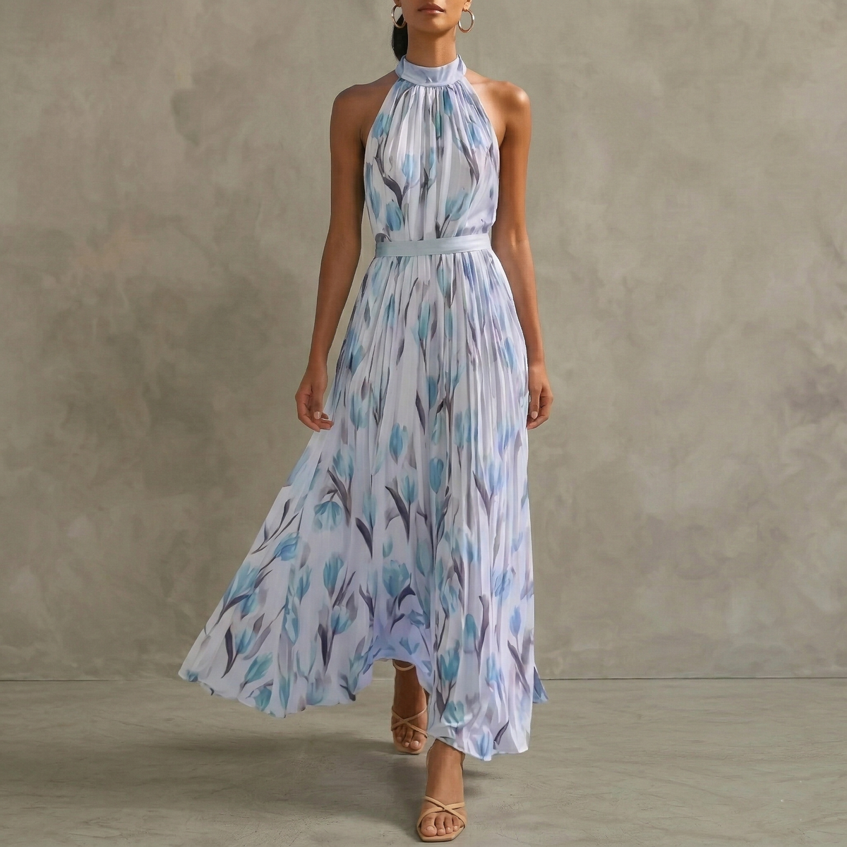 Women's Maxi Dress | Floral Halterneck Pleated Design