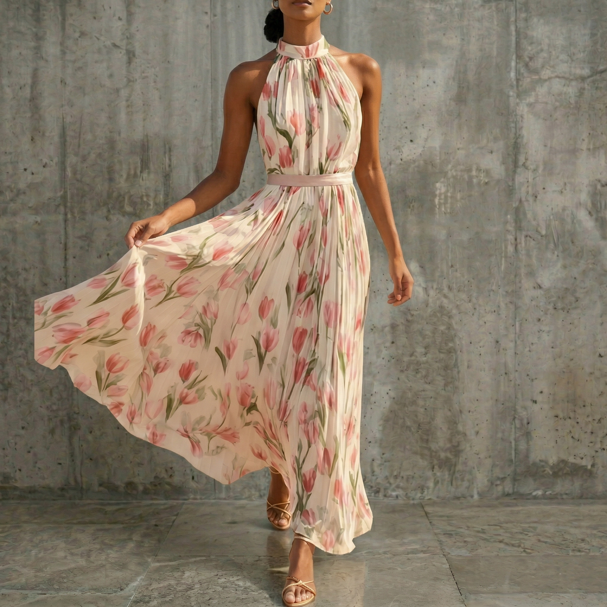 Women's Maxi Dress | Floral Halterneck Pleated Design
