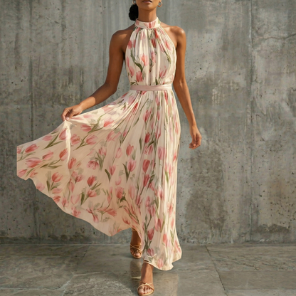 Women's Maxi Dress | Floral Halterneck Pleated Design
