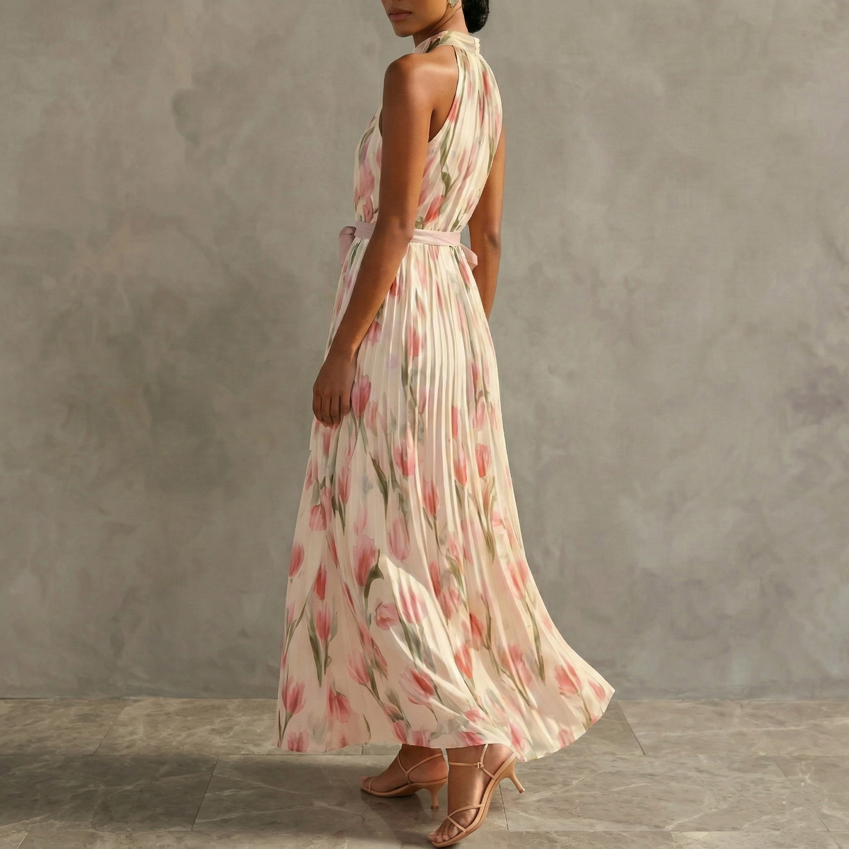 Women's Maxi Dress | Floral Halterneck Pleated Design