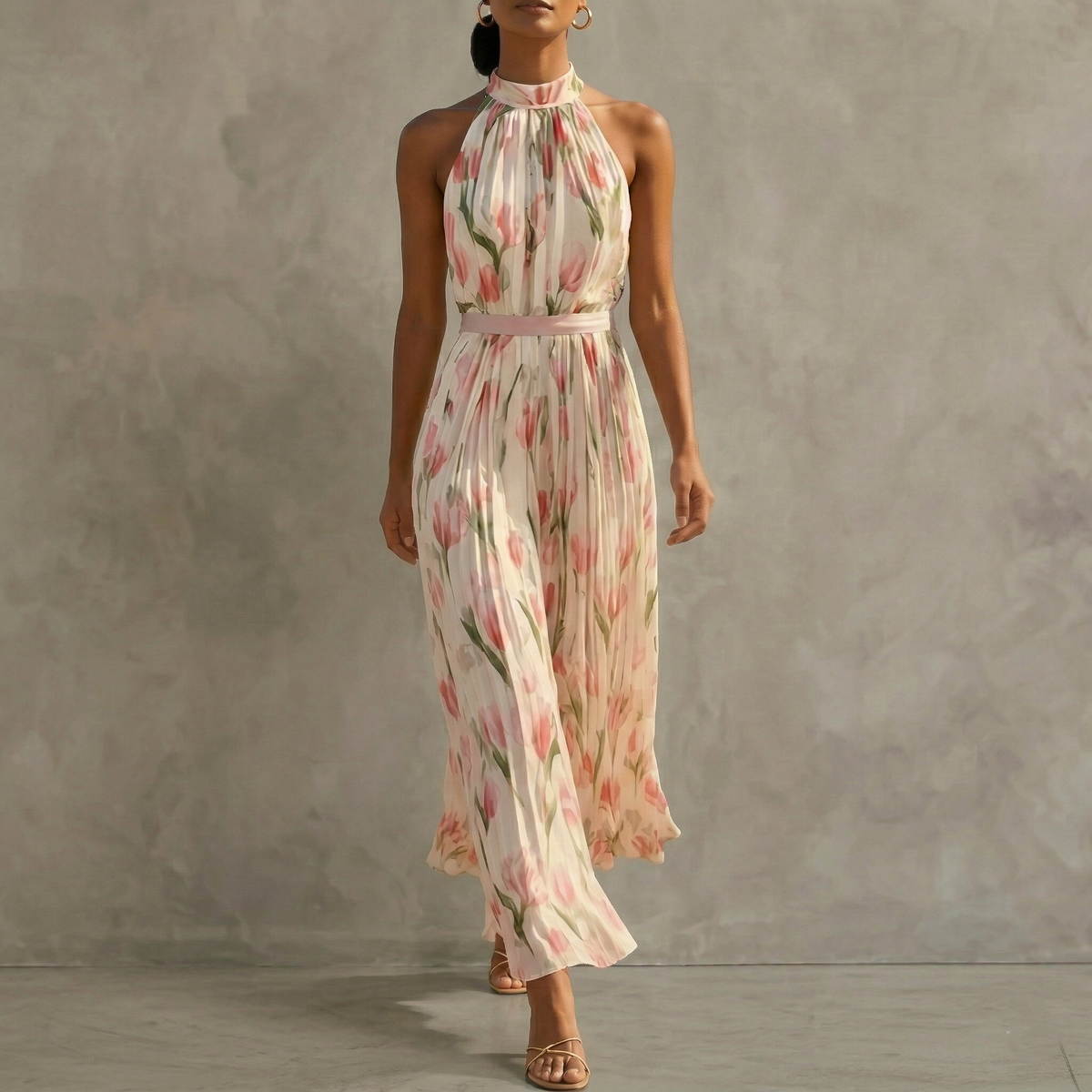Women's Maxi Dress | Floral Halterneck Pleated Design