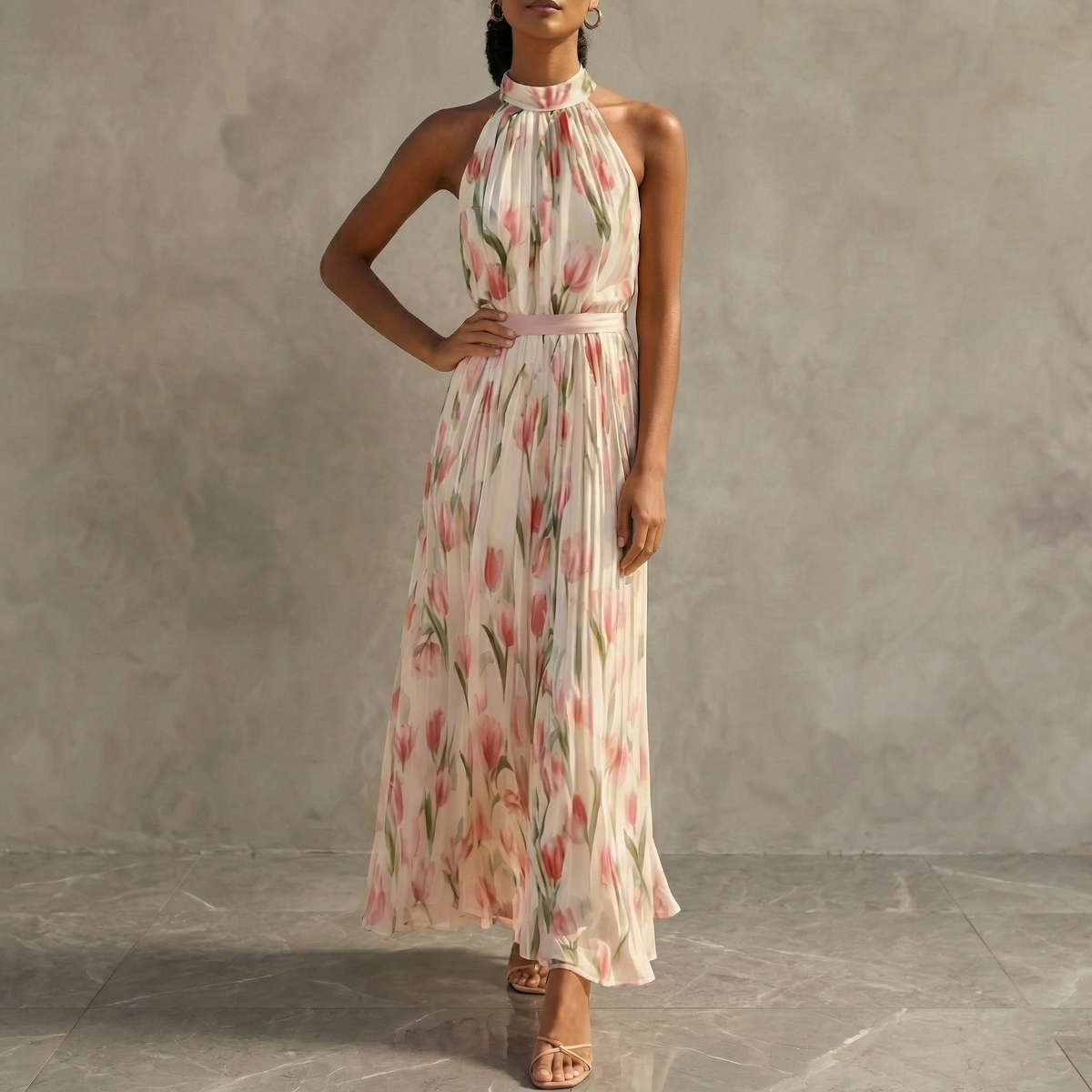 Women's Maxi Dress | Floral Halterneck Pleated Design