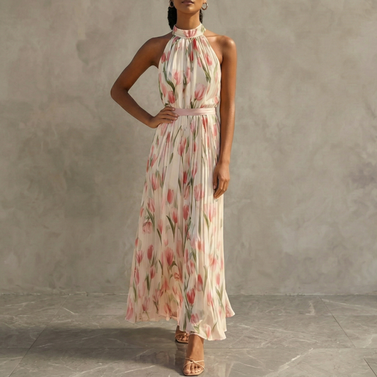 Women's Maxi Dress | Floral Halterneck Pleated Design