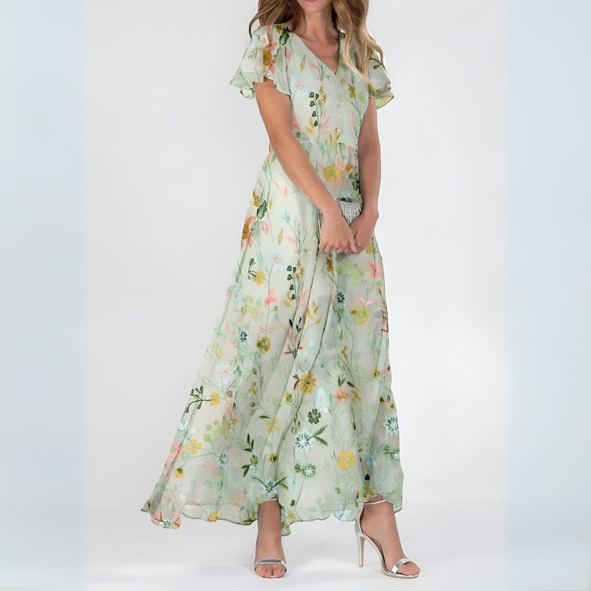 Women's Maxi Dress | Floral Print Flowy Chiffon Gown